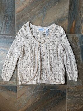 Villager XL Cream Pointelle Knit Cardigan Beaded Trim Cozy Sweater Open Front